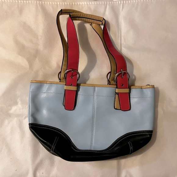 Color block pre owned faux leather shoulder bag blue red black - Picture 1 of 8